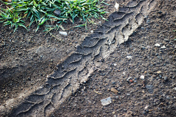 Motorcycle tire tracks on wet ground
