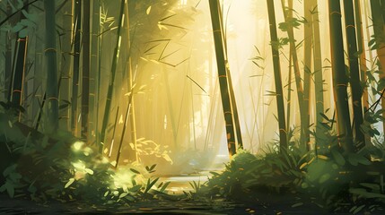Panoramic view of a forest in the morning with sun rays