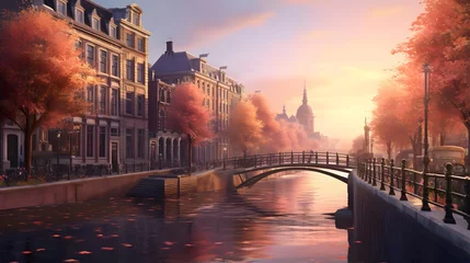 Selbstklebende Fototapeten Panoramic view of Amsterdam canals at sunset © Iman