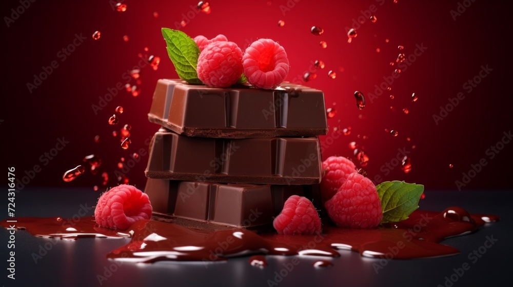 Poster stacked chocolate bars with fresh raspberries and a dynamic splash of syrup on a vibrant red backgro