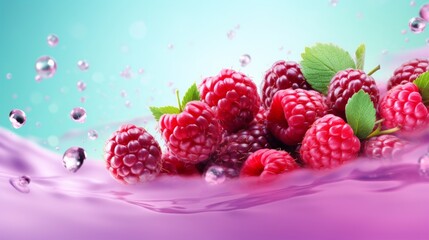 Juicy red raspberries falling into a splash of purple liquid with a dynamic and refreshing feel.