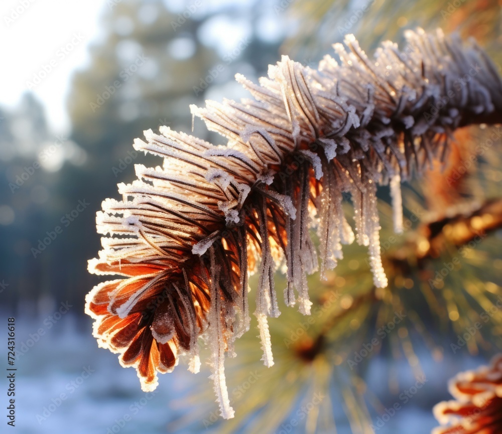 Poster a pine tree branch with ice on it. generative ai.