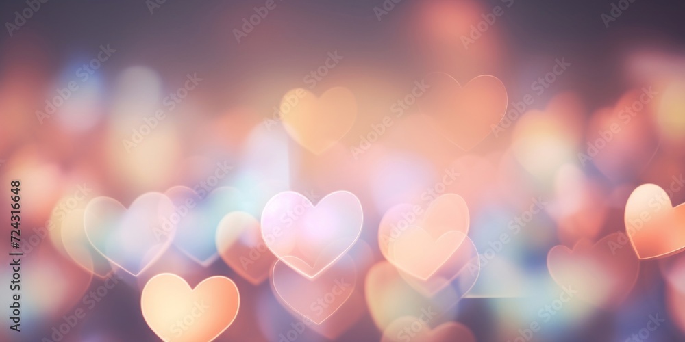 Poster warm-toned, heart-shaped bokeh effect creating a romantic and festive abstract background.
