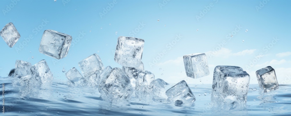 Poster ice cubes floating in the water. generative ai.