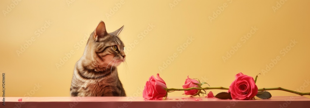 Poster a cat sitting on a table with roses. generative ai.