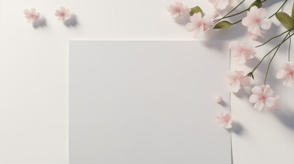 Elegant minimalistic floral frame with cherry blossoms around blank space for text on a white background.