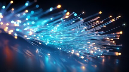 A close view of blue glowing fiber optic wires against a dark background, symbolizing data and connectivity.