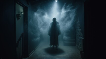 Silhouette of a ghostly figure standing in a fog-filled corridor, evoking horror and suspense.