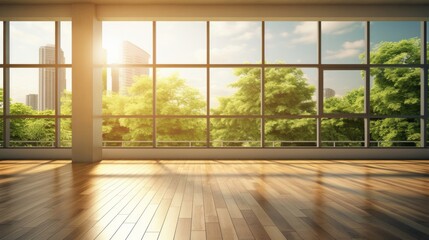 A bright and airy view of a green city park and urban skyline from a spacious room with large windows.