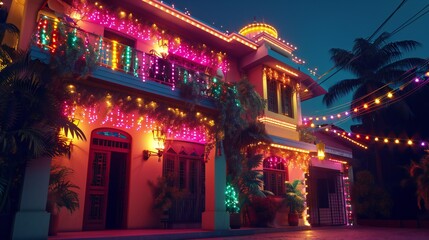 Obraz premium Festive Indian House Adorned with Colorful Lights at Dusk - Diwali Celebration