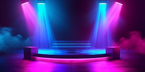 Empty  stage bathed in pink and blue lights, ready for a performance.