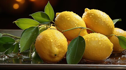 delicious fresh yellow lemons fruits on wood table with black and blur background