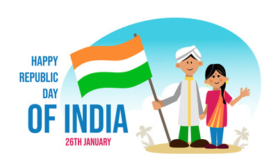 Greeting card for Republic Day of India with happy couple holding flag