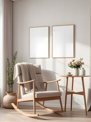 Mockup poster frame in minimalist living room interior. Home mockup