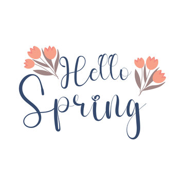 Text HELLO, SPRING and flowers on white background