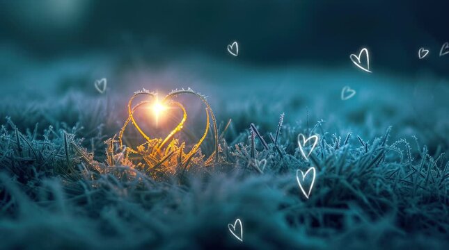 grass with heart shape and abstract lights Valentines day background Seamless looping 4k time-lapse virtual video animation background. Generated AI