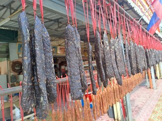 rope on a fence, Dry beef in the market, Sausage, Lao Food