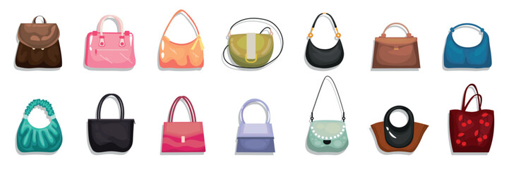 Set of woman's bags on white background