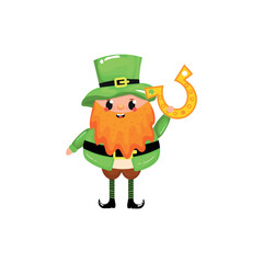 Funny leprechaun with horseshoe on white background. St. Patrick's Day celebration