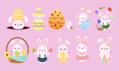 Set of cute bunnies with Easter eggs on pink background