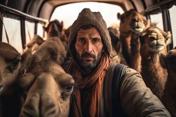 Keuken spatwand met foto fresh and pure human with A captivating sight unfolds as a mysterious caravan of camels traverses expansive desert, bearing tales of commerce and adventure © Thor