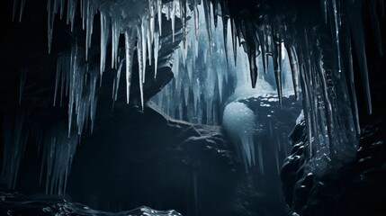 Icicles suspended inside a dark icy cave.