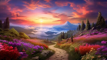 Image of a beautiful landscape with flowers and trees.