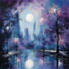 Watercolor illustration of a night city with a pond, trees and a full moon