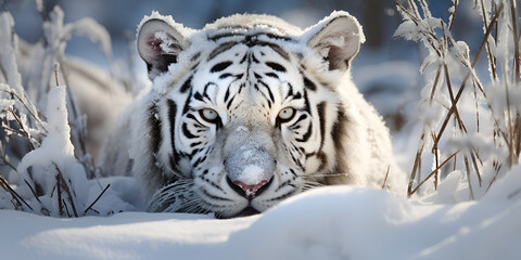 Fototapeta na wymiar white tiger in snow, View of wild white tigers in nature, Photo of white tiger in snow generated by Ai, Majestic White Tiger Intensity CloseUp, GENERATIVE AI,