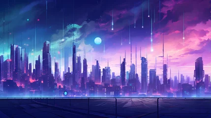 Foto auf Acrylglas Violett Futuristic city at night. Futuristic cityscape. Panoramic view of the city. Vector illustration.