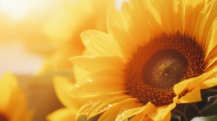 Close-up of a vibrant sunflower with dew drops on petals, a symbol of summer and growth.