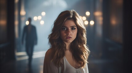 Fototapeta premium A young woman with a sad expression walks away from a man, creating a sense of separation or end of a relationship.