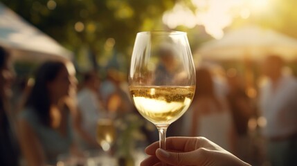 A hand elegantly holding a glass of white wine during a social outdoor event, with a sunlit, bokeh-filled background. - obrazy, fototapety, plakaty