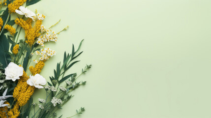 A creative flat lay of white roses and yellow solidago flowers on a soft pastel green background for a tranquil feel. - obrazy, fototapety, plakaty
