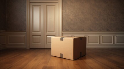 Obraz na płótnie Canvas A lone cardboard box sits on a polished wooden floor, implying a move or delivery in a room with classic wainscoting walls.