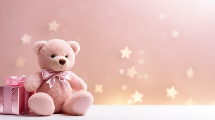 Fototapeta premium A soft pink teddy bear accompanied by a gift box on a pastel background with starry effects, suggesting a holiday or birthday present.