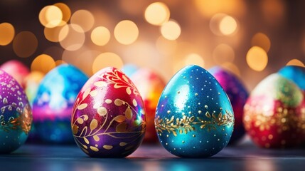 Fototapeta na wymiar Ornately decorated Easter eggs with golden floral patterns against a bokeh light background.