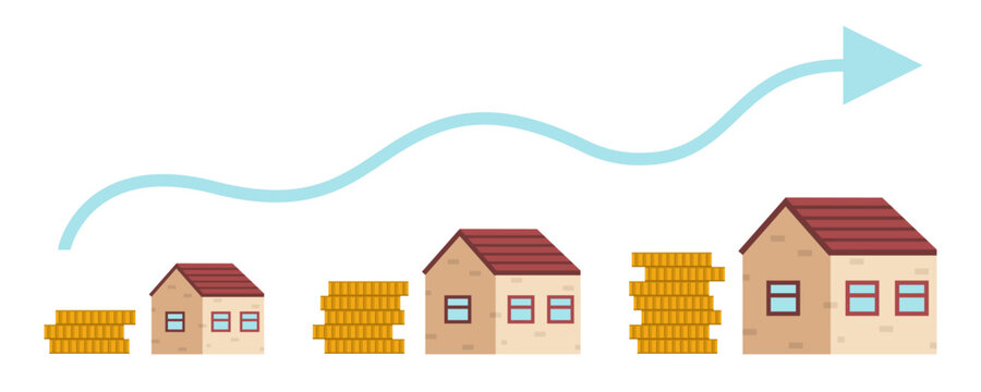 Drawn houses with coins and increasing arrow on white background. Concept of rising prices