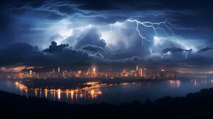 Thunderstorm over the city at night. Panoramic view.