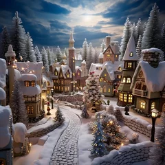 Tuinposter Christmas scene in miniature village. Christmas and New Year holidays background. © Iman