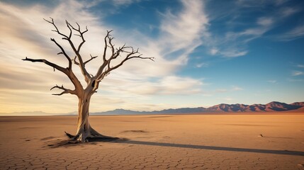 Image of a dead tree in the vast expanse of the desert.