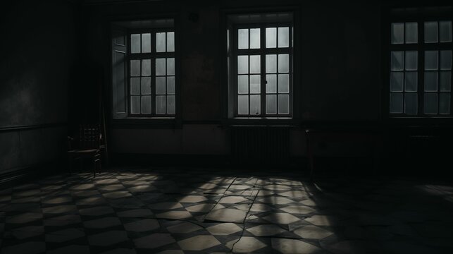 Image of a dimly lit room with windows through which soft light passes.