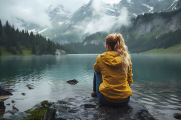 A woman enjoys a peaceful moment by the lake, embracing the serenity and natural beauty of the landscape.