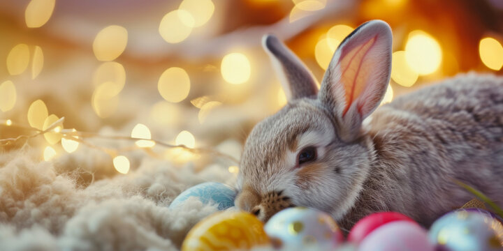 cute rabbit is sleeping with Easter eggs, generative AI