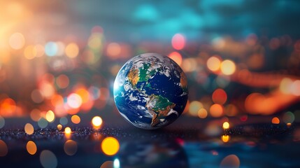 Abstract background of planet earth with blurred background of city lights. Realistic planet earth isolated on lights background. Ecology, business or politics concept. - obrazy, fototapety, plakaty