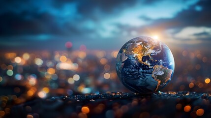 Obraz na płótnie Canvas Abstract background of planet earth with blurred background of city lights. Realistic planet earth isolated on lights background. Ecology, business or politics concept.