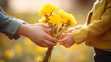 黄色い花束を渡す子どもの手元のクローズアップ写真 - obrazy, fototapety, plakaty