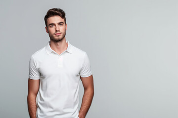 A young man wearing a white polo shirt, isolated against a gray background, for a mockup design template