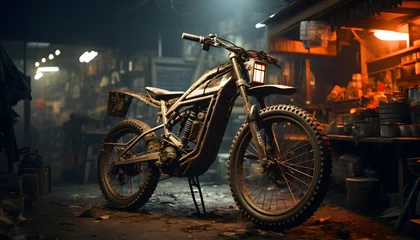 Zelfklevend Fotobehang Motorcycle in garage at night. Selective focus. Blurred background © Iman