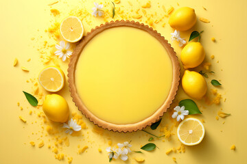 Naklejka na ściany i meble Delicious lemon tart on table on pastel yellow background